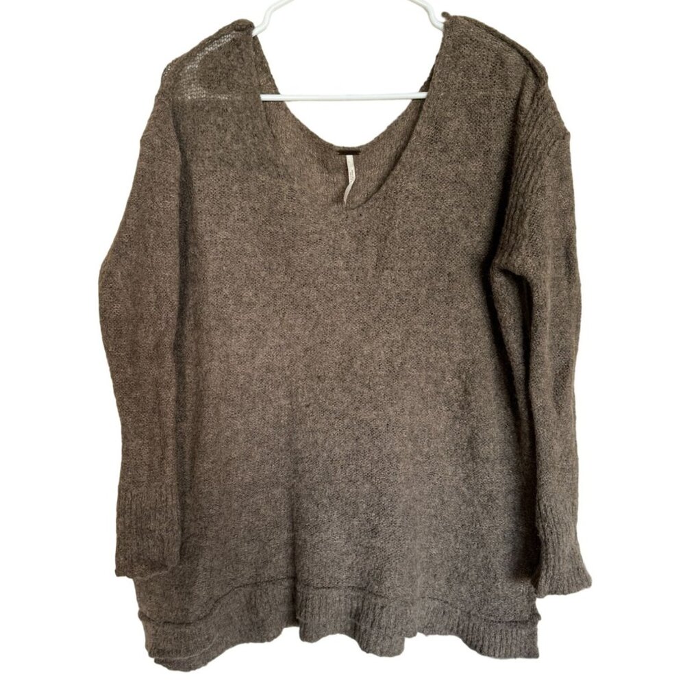 Free People Oversized Brown‎ Ecru Mohair Knit Sweater V Neck Woman's Small B2